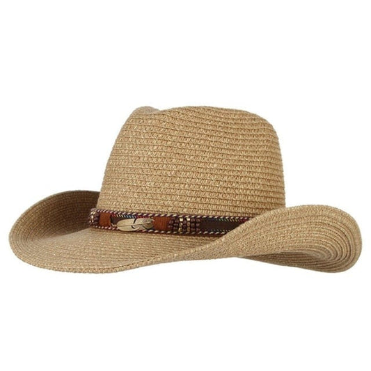 GEMVIE Western Cowboy Sun Hat - Straw Summer Hat for Men & Women with Feather Beads, Khaki, 56-58cm
