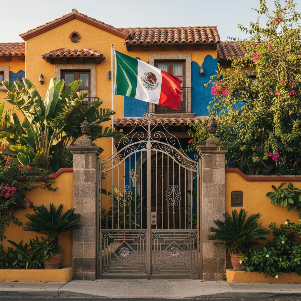 The Mexico national flag, featuring vertical stripes in green, white, and red colors with the national coat of arms, flying in the wind against a blue sky with clouds.