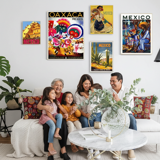 A family of five sits on a white sofa in a bright living room, with six framed vintage-style Mexico travel posters displayed on the wall above them. The posters feature colorful illustrations including a pyramid, a dancer, a cactus, and a mariachi musician.
