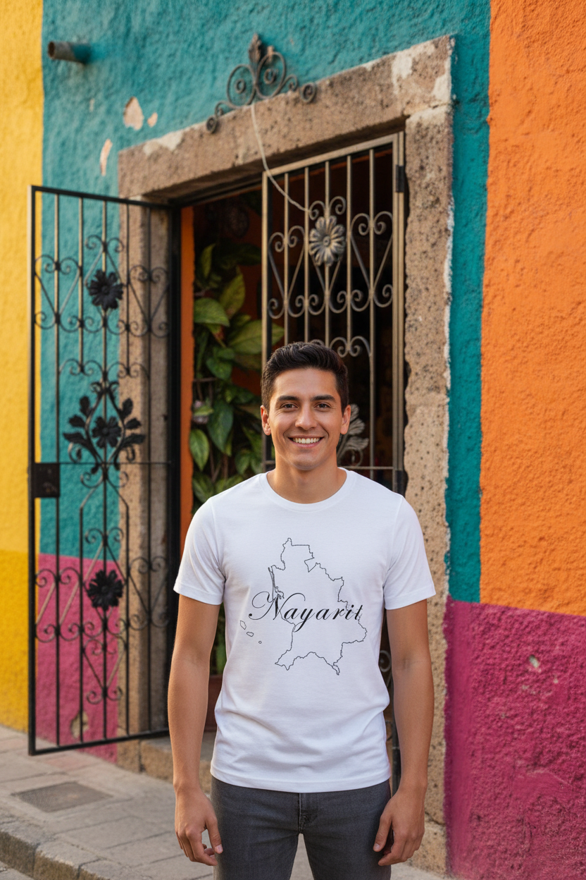 A person wearing a white short-sleeved T-shirt with the text 'Nayarit' printed in a stylized font.