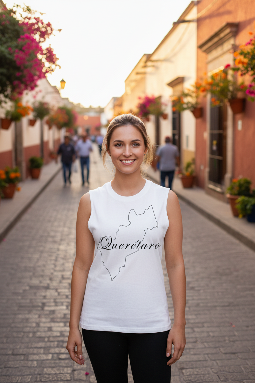 A person wearing a white unisex muscle shirt with the text 'Queretaro' on it.