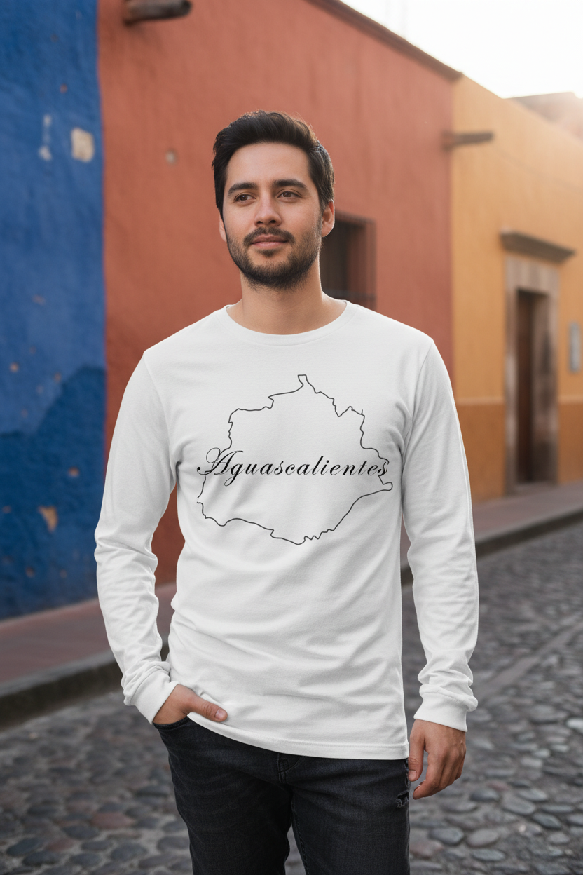 A person wearing a gray long sleeve T-shirt with 'Aguascalientes' text and a map outline in black.