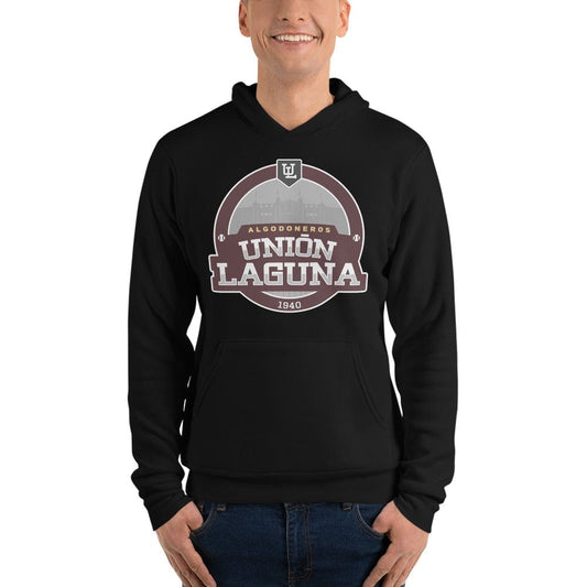 A person wearing a black pullover hoodie with 'Union Laguna 1940' printed on the front.