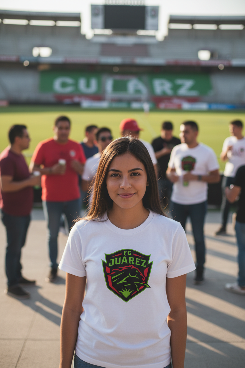 A woman standing in a stadium wearing a white FC Juarez t-shirt with a green and red crest logo.