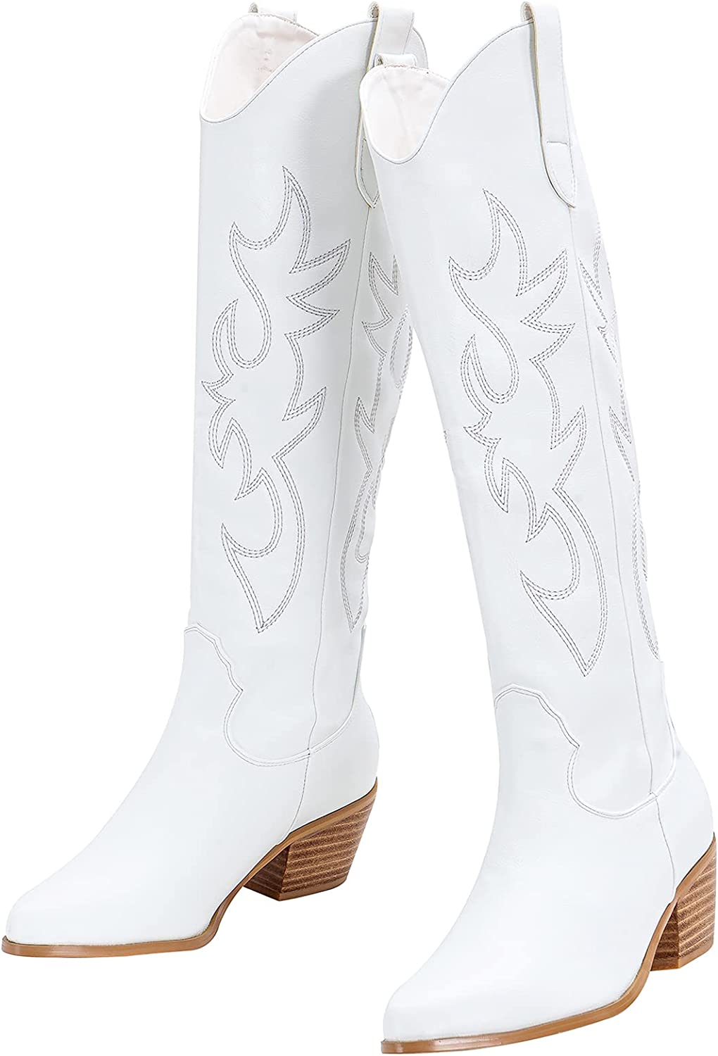Women's Embroidered Knee-High Cowboy Boots – Almond Toe, Chunky Heel, Retro Style Step into style with these stunning knee-high cowboy boots, 5, White
