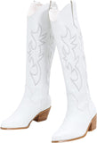 Women's Embroidered Knee-High Cowboy Boots – Almond Toe, Chunky Heel, Retro Style Step into style with these stunning knee-high cowboy boots, 5, White