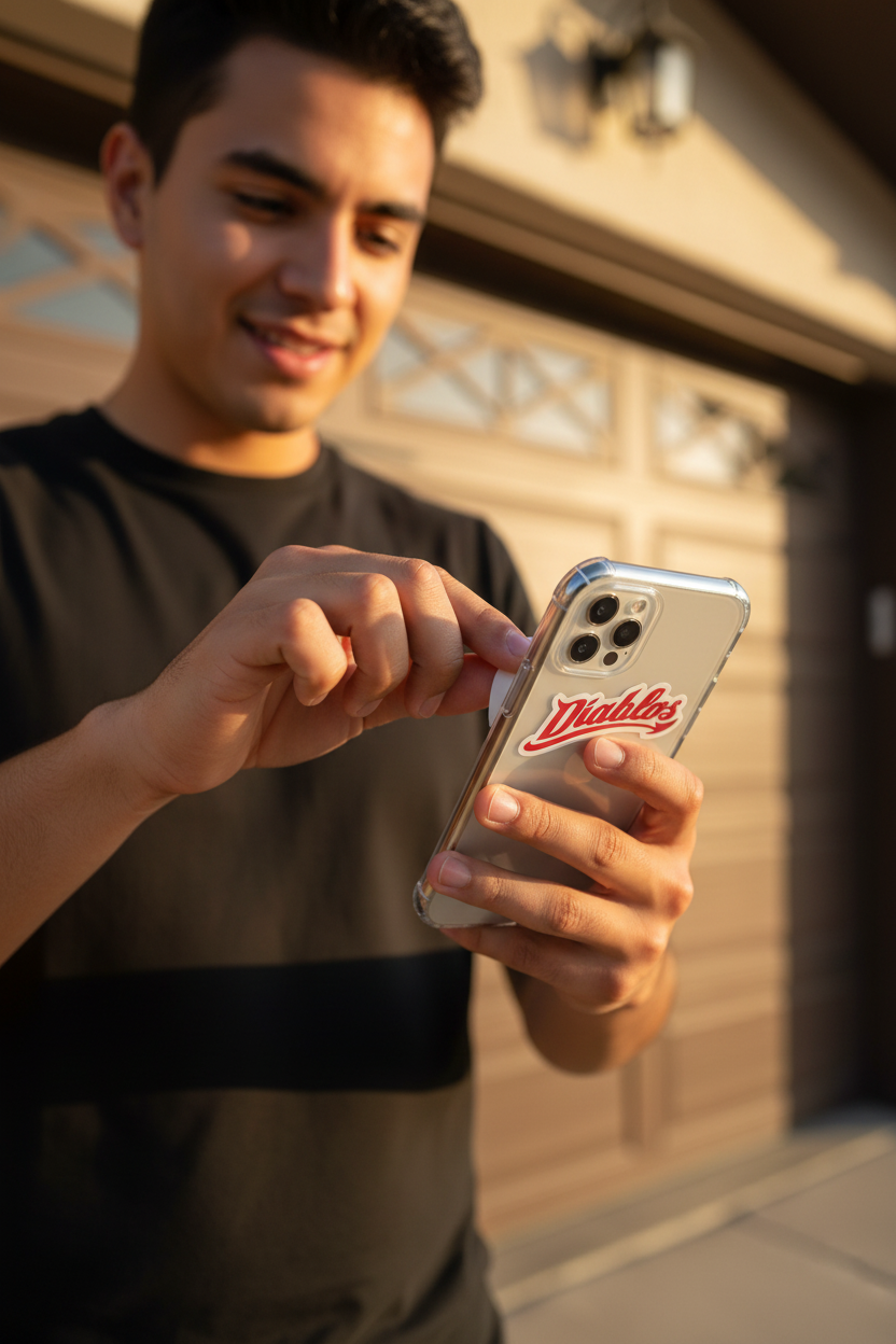 A man in a black t-shirt holding a silver smartphone with a red 'Diablos' logo on the back, standing in front of a garage door.