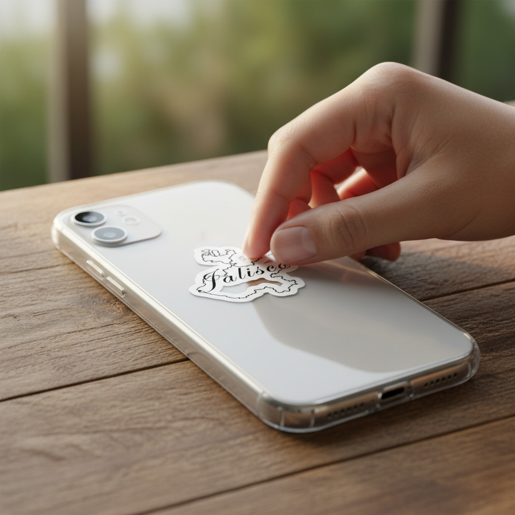 Hand pressing a die-cut bubble-free sticker of the Mexican state of Jalisco onto a silver smartphone — featuring a white outline with the word “Jalisco” in elegant cursive, symbolizing regional pride and artisanal design.