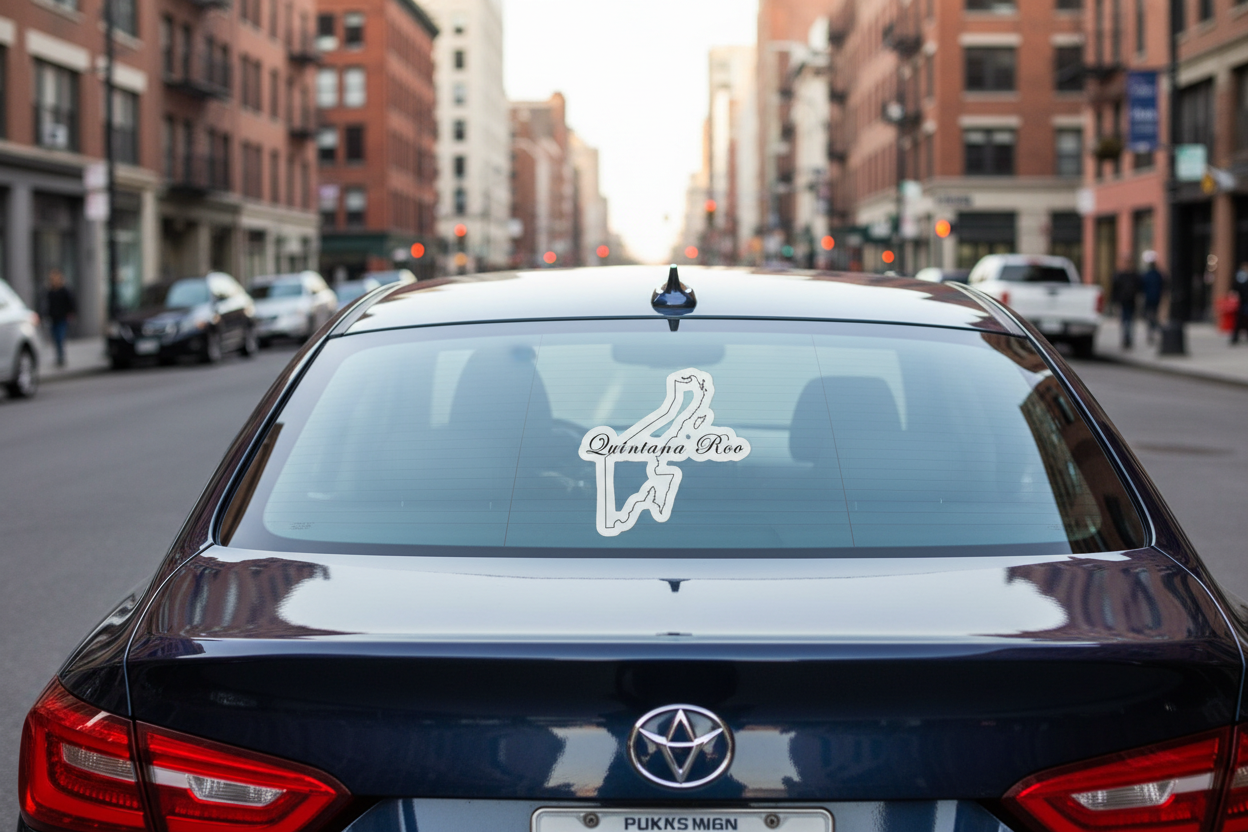 Rear view of a dark-colored Toyota sedan on a city street with a white die-cut decal shaped like the state of Quintana Roo — featuring cursive “Quintana Roo” text centered on the rear windshield, symbolizing Mexican regional pride and minimalist automotive design.