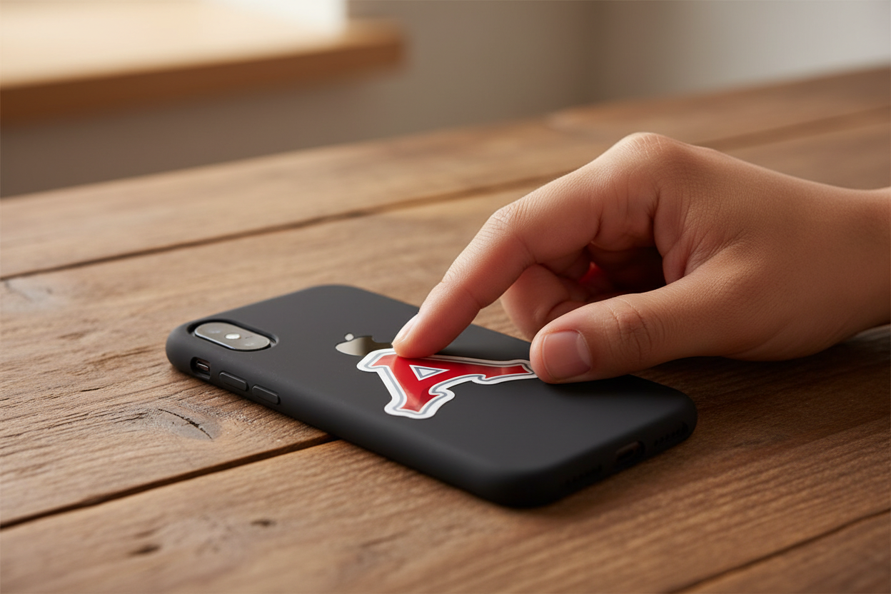A black phone case with a red and white stylized 'A' logo, shown on a smartphone resting on a wooden table while a hand touches the case.