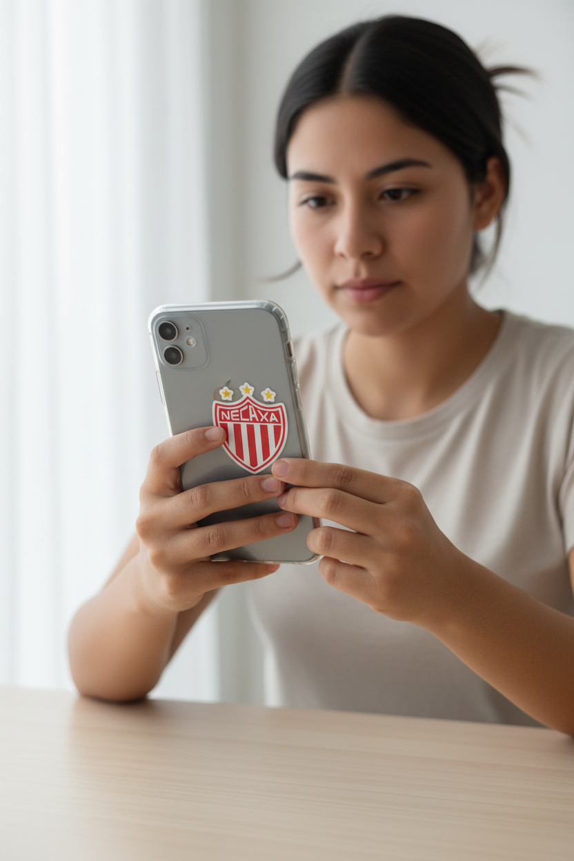 Woman indoors holding a smartphone with a clear case featuring a die-cut bubble-free sticker of the Club Necaxa logo — a red and white shield with three gold stars above, representing the Mexican football team’s pride and tradition.