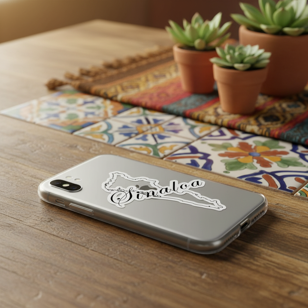 Silver smartphone on a wooden table with colorful Mexican ceramic tiles and a die-cut bubble-free sticker shaped like the state of Sinaloa — featuring white outline and cursive “Sinaloa” text, surrounded by terracotta pots with succulents and warm natural light, evoking artisanal charm and regional pride.