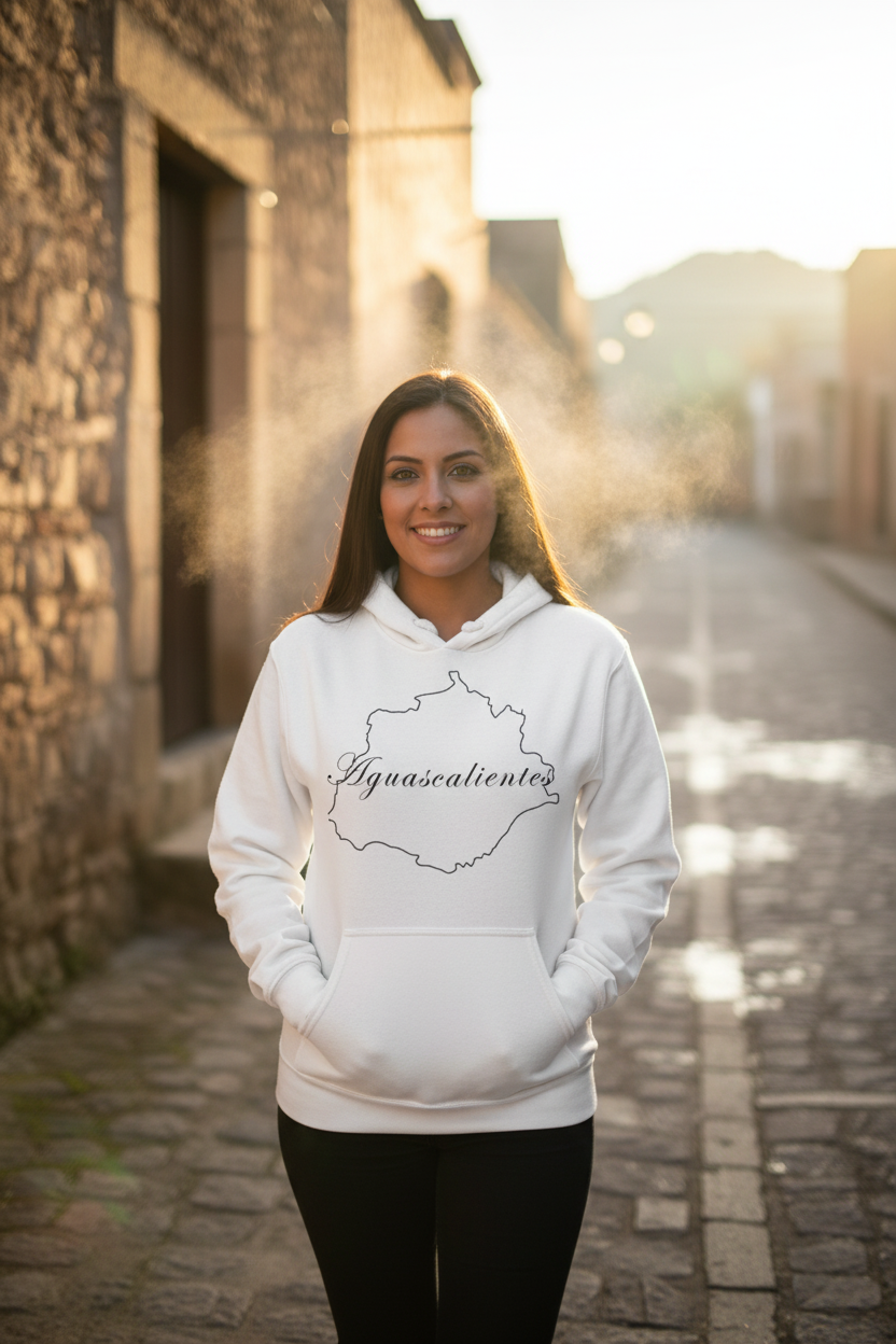 A person wearing a white pullover hoodie with 'Aguascalientes' text on the front.
