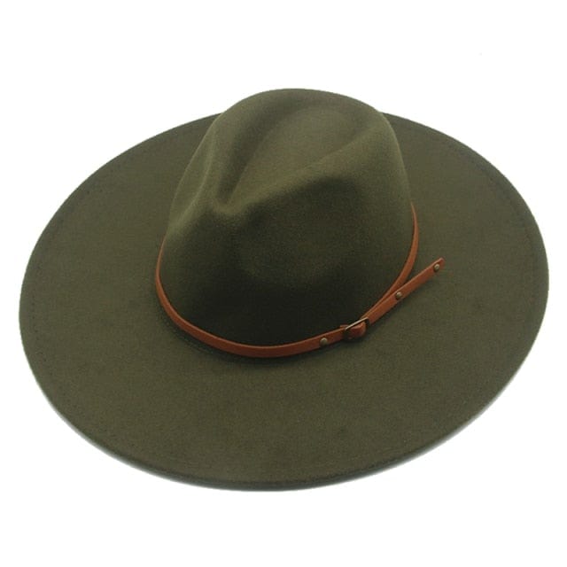 Sombreros Fedora de invierno para mujeres y hombres: ala grande de 9,5 cm, banda lisa, cinturón, color caqui y negro, estilo vaquero/jazz para exteriores