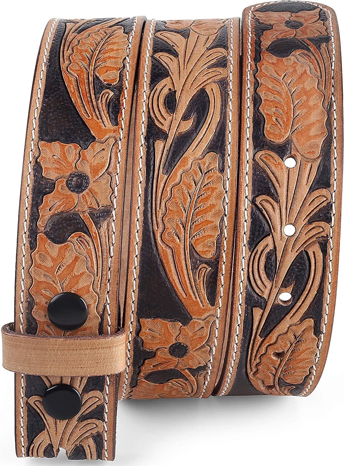 Belt For Buckle Western Leather Engraved Tooled Strap W/Snaps For Interchangeable Buckles, , Brown, 30