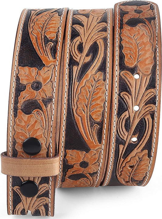Belt For Buckle Western Leather Engraved Tooled Strap W/Snaps For Interchangeable Buckles, , Brown, 30