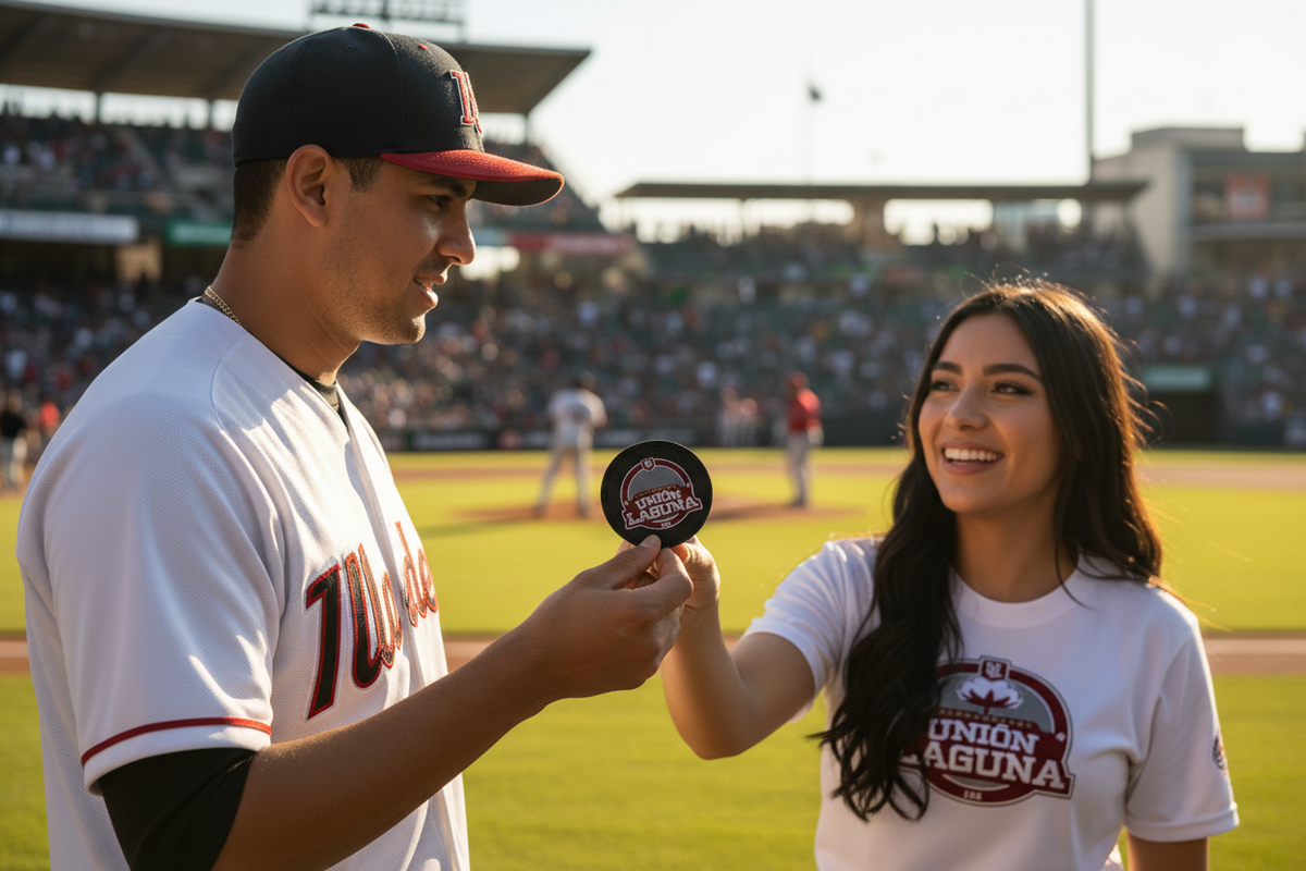 A baseball player in a white and red uniform receives a round commemorative medallion from a woman wearing a white 'Union Aguna' shirt on a baseball field at sunset.