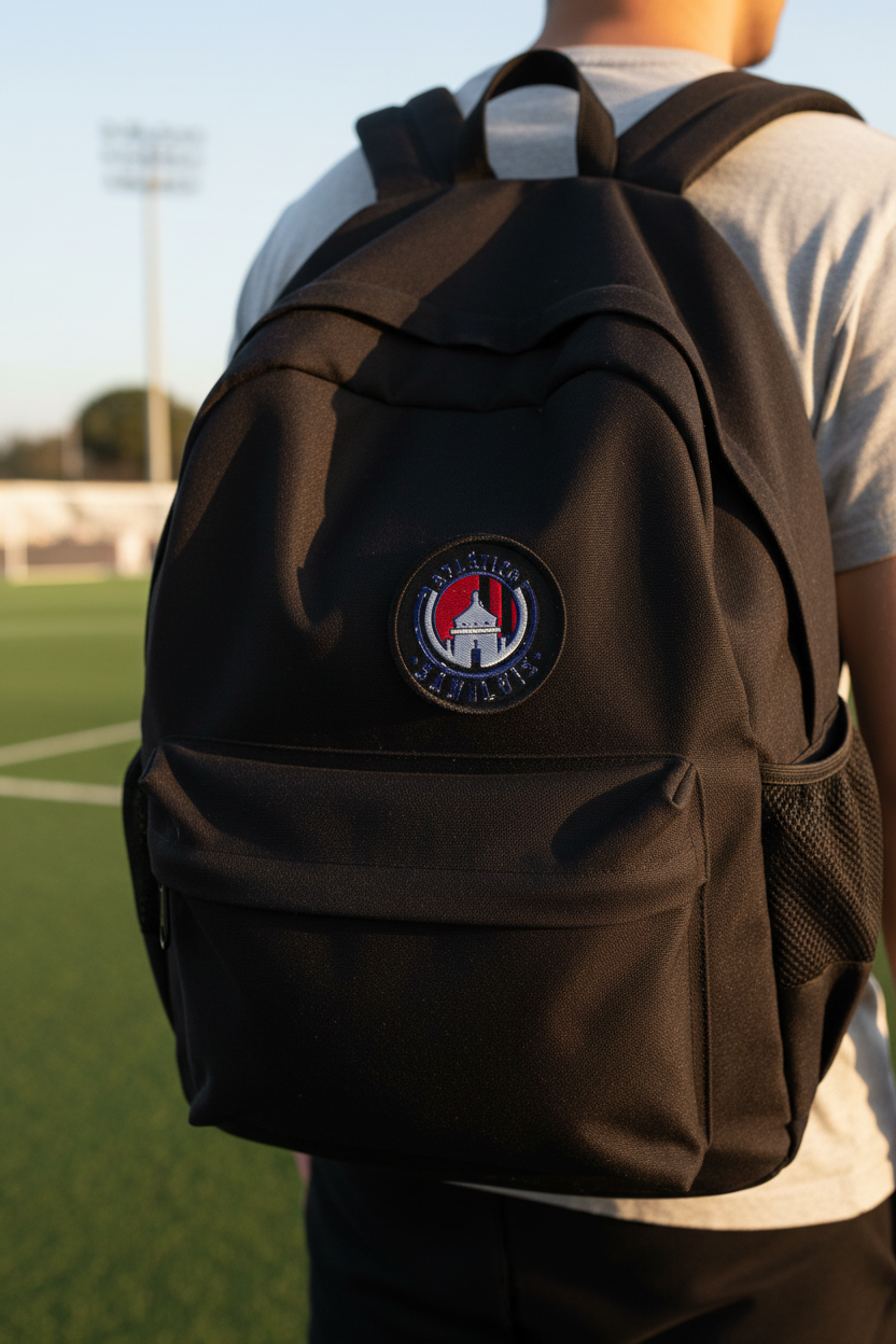 A black backpack worn by a person on a sports field, featuring a circular Club Atletico de San Luis crest patch on the front.