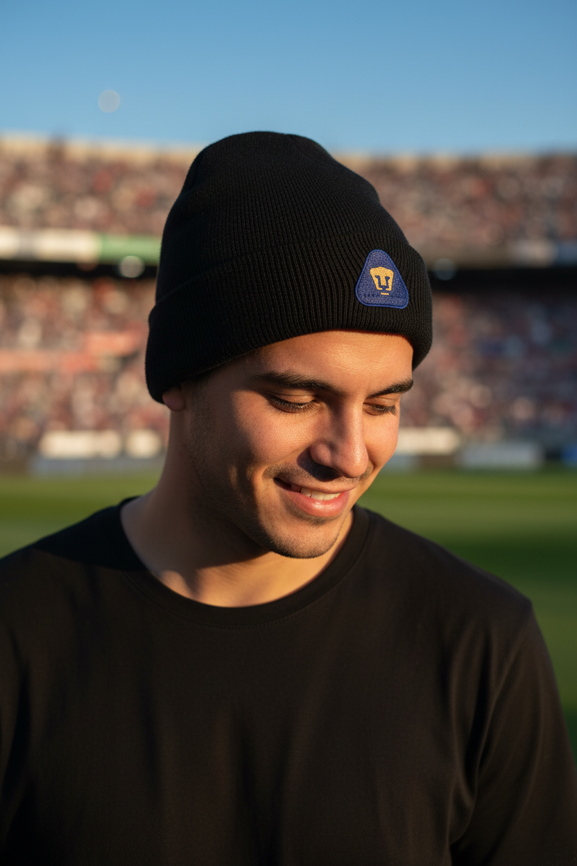 A man wearing a black knit beanie with a small blue and yellow Pumas UNAM logo, standing on a soccer field with a stadium in the background.