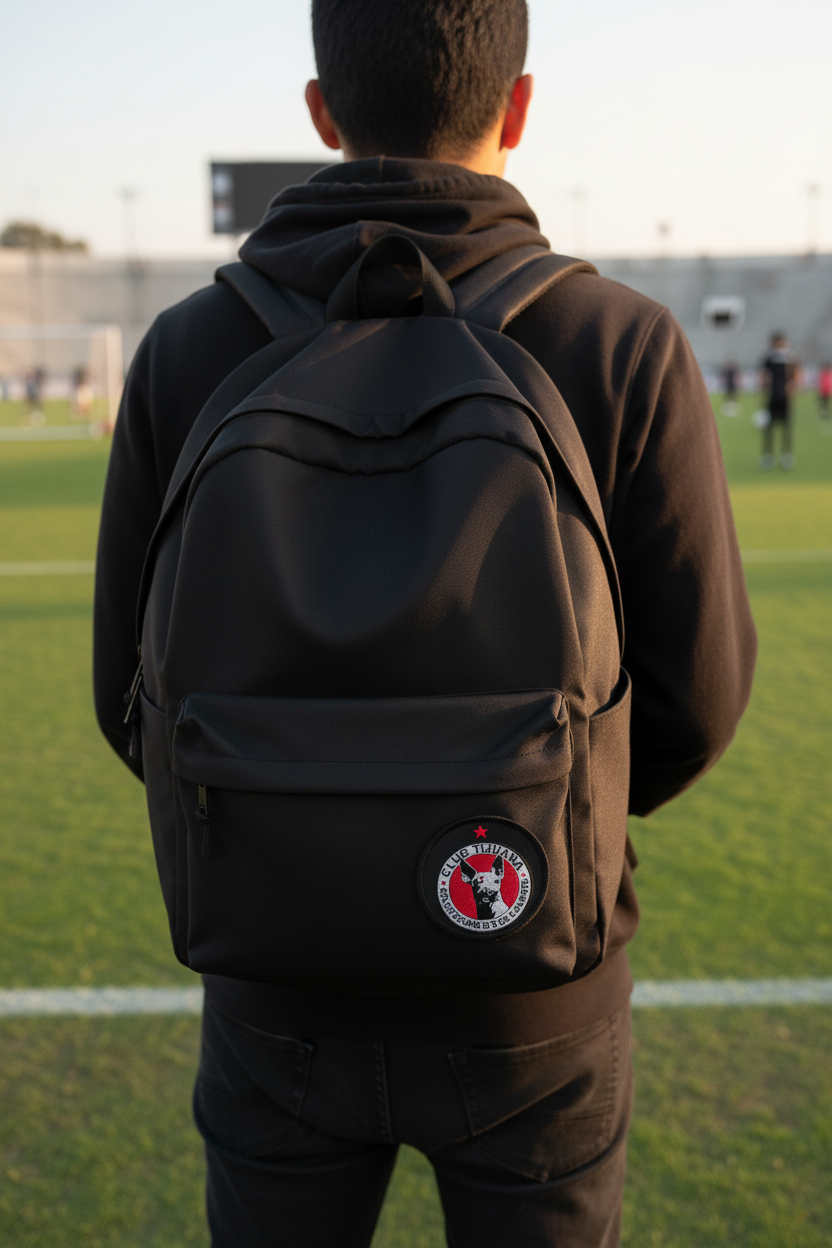 A person viewed from behind wearing a black hoodie and black backpack on a grassy sports field. The backpack has a circular red, white, and black crest Club Tijuana patch on the lower front pocket.