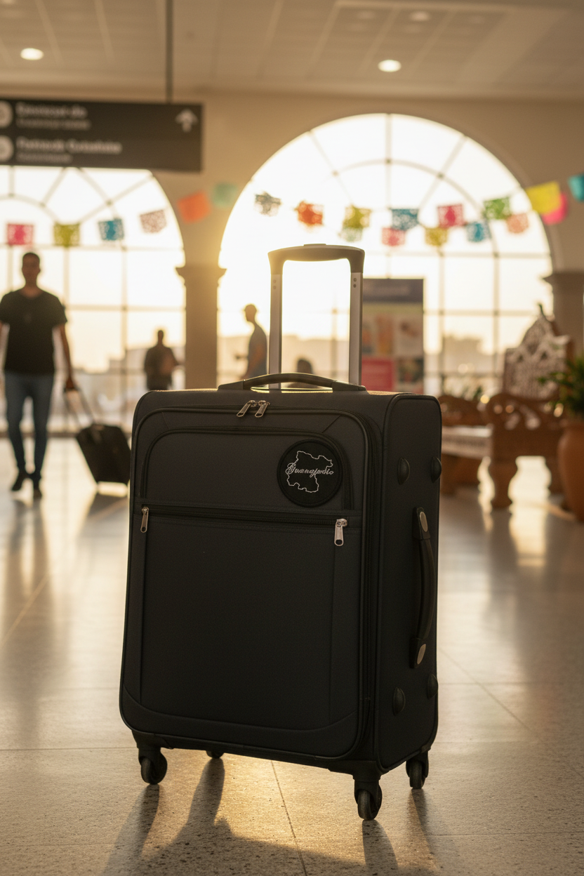 A black rolling suitcase with an extended telescoping handle stands in an airport terminal. The suitcase features a zippered front pocket and a circular logo patch on the upper right side.