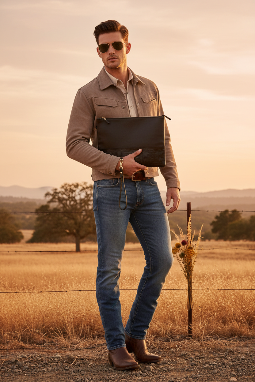 A man wearing a tan overshirt, blue jeans, brown boots, and sunglasses stands in a dry grass field at sunset, holding a black leather clutch bag.