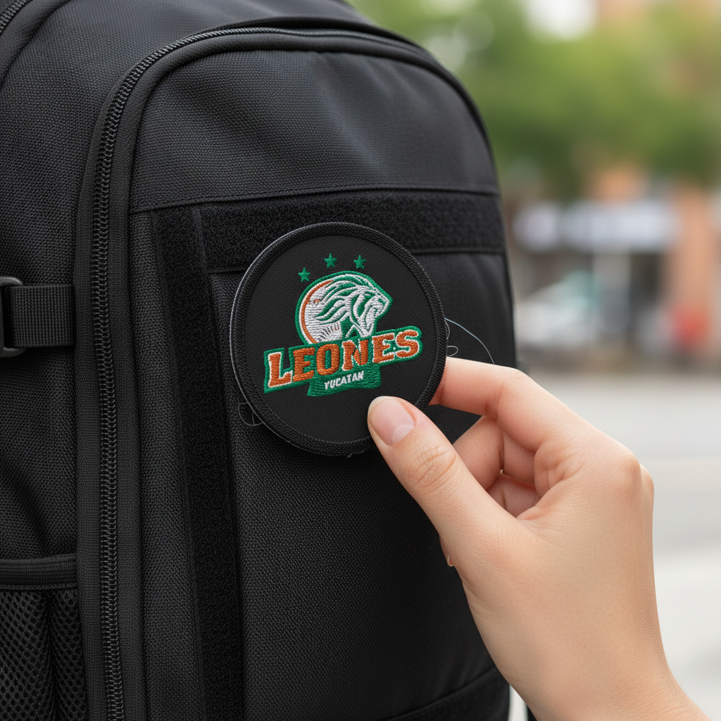 A close-up of a black backpack with a circular embroidered patch featuring a horse head logo and the text 'LEONES VICTOR' being held by a hand. The background is a blurred outdoor street scene.