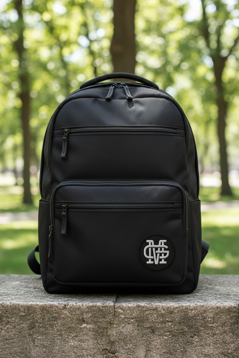 A black backpack with a silver interlocking 'Mariachis de Guadalajara' logo patch on the front, resting on a stone ledge with a blurred green park background.
