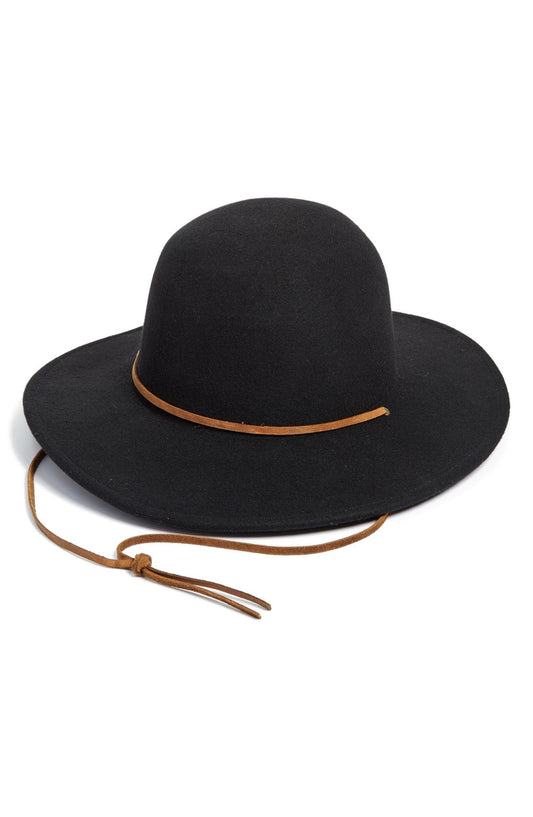 A black Brixton men's wide brim felt fedora hat with a brown slim contrast strap.