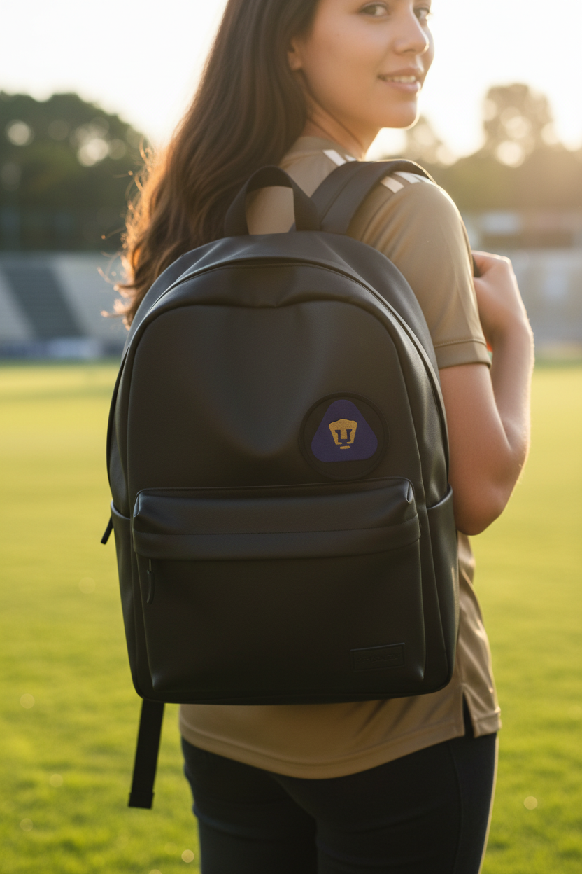 A woman on a grassy field at sunset wearing a black backpack with a purple and gold crest Pumas UNAM logo patch on the front.