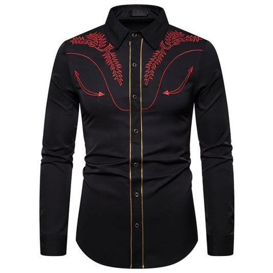 Men's Stylish Western Cowboy Embroidered Slim Fit Dress Shirt – White Long Sleeve Tuxedo Shirt for Weddings & Casual Wear