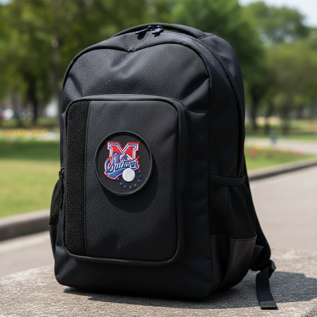 A black backpack with a circular 'Sultanes' patch featuring a red and blue logo, sitting on a stone surface outdoors with a blurred park background.