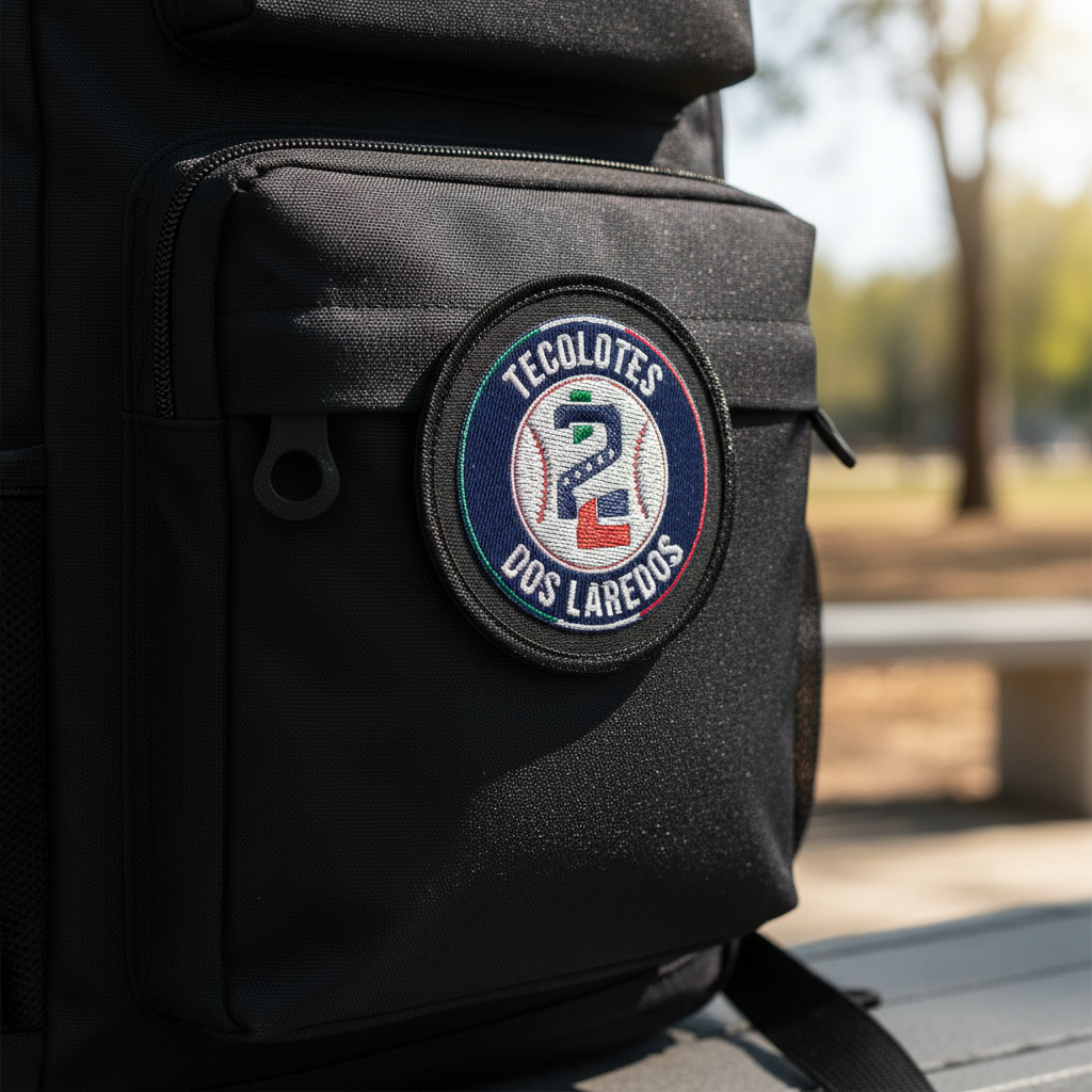 A close-up of a black backpack with a circular embroidered patch reading 'TECOLOTES DOS LAREDOOS' on the front pocket, photographed outdoors with a blurred park background.