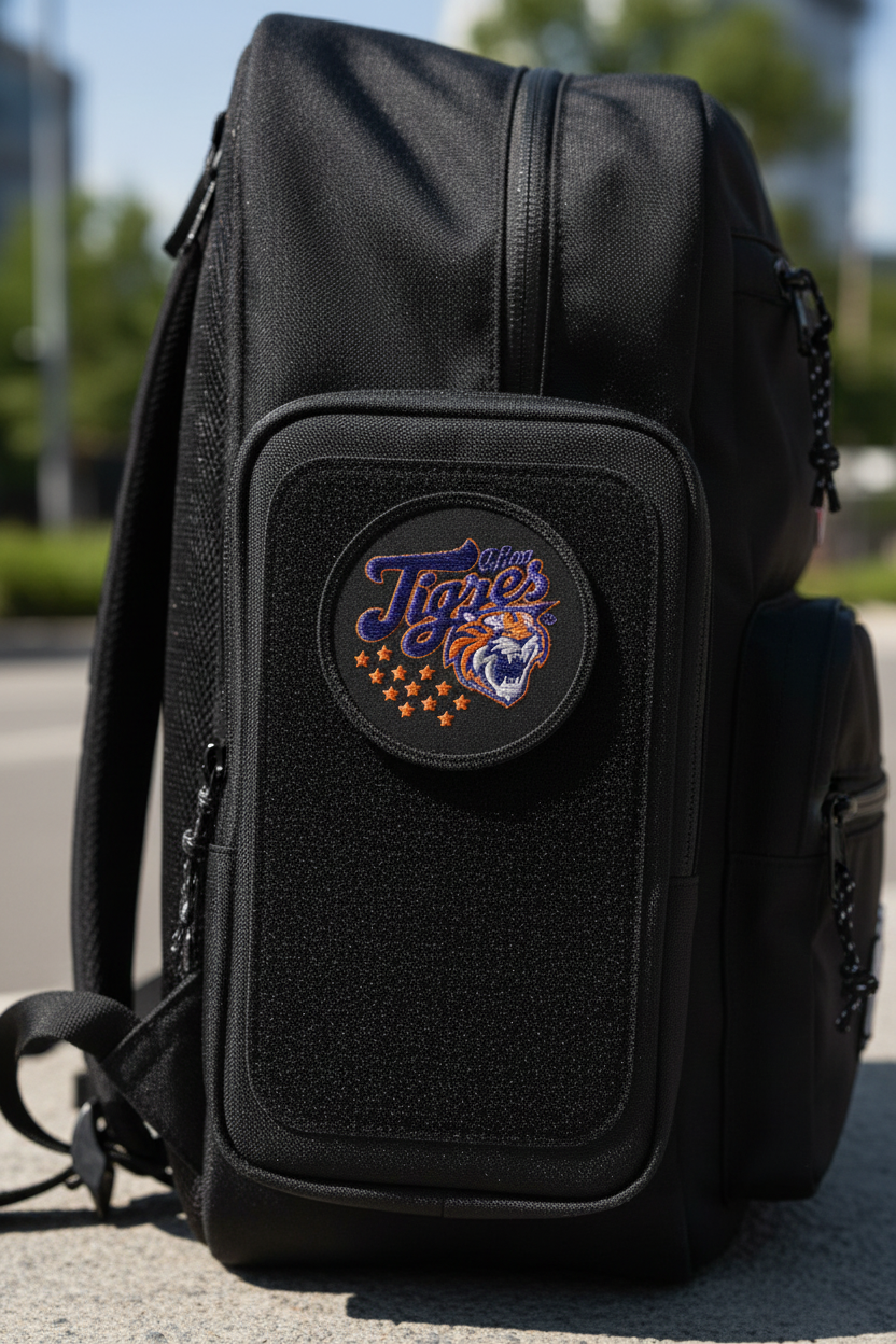 A black tactical-style backpack with a front pocket featuring a circular embroidered patch that reads 'The Tigers' with a tiger head and orange stars, photographed outdoors on a paved surface with blurred greenery and buildings in the background.