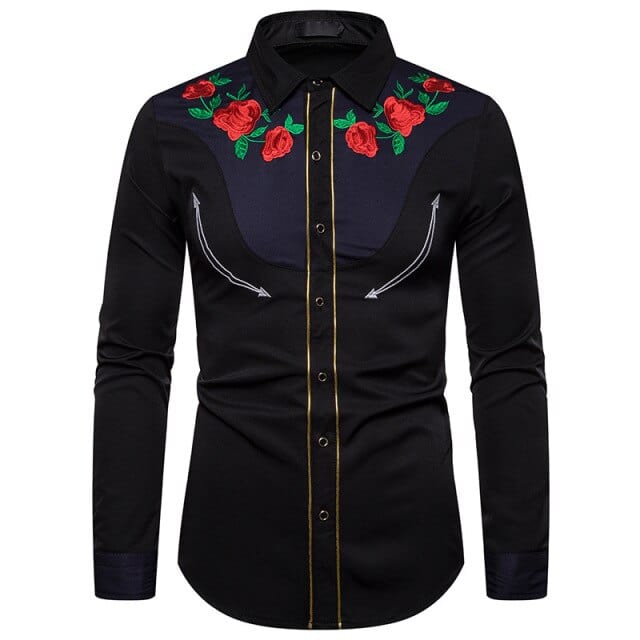 Men's Western Cowboy Shirt – 2021 Fashion Slim Fit Button-Up with Rose Floral Embroidery, Long Sleeve Dress Shirt XXL