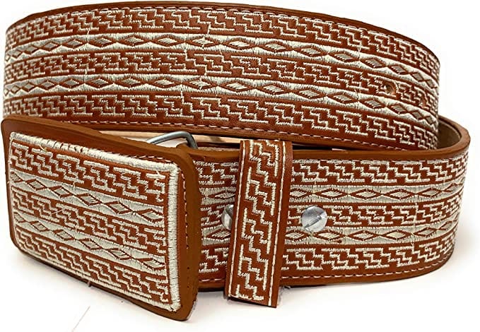 Embroidered Leather Western Belt, Brown, 34