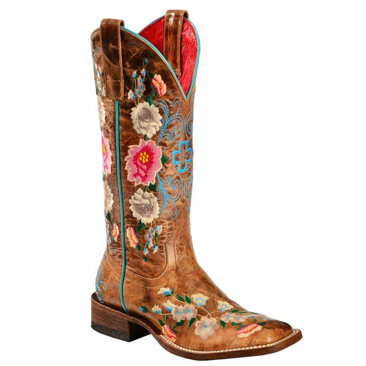 Women's Embroidery Rose Garden Cowgirl Boots Square Toe, Brown, 9-9.5