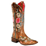 Women's Embroidery Rose Garden Cowgirl Boots Square Toe, Brown, 9-9.5