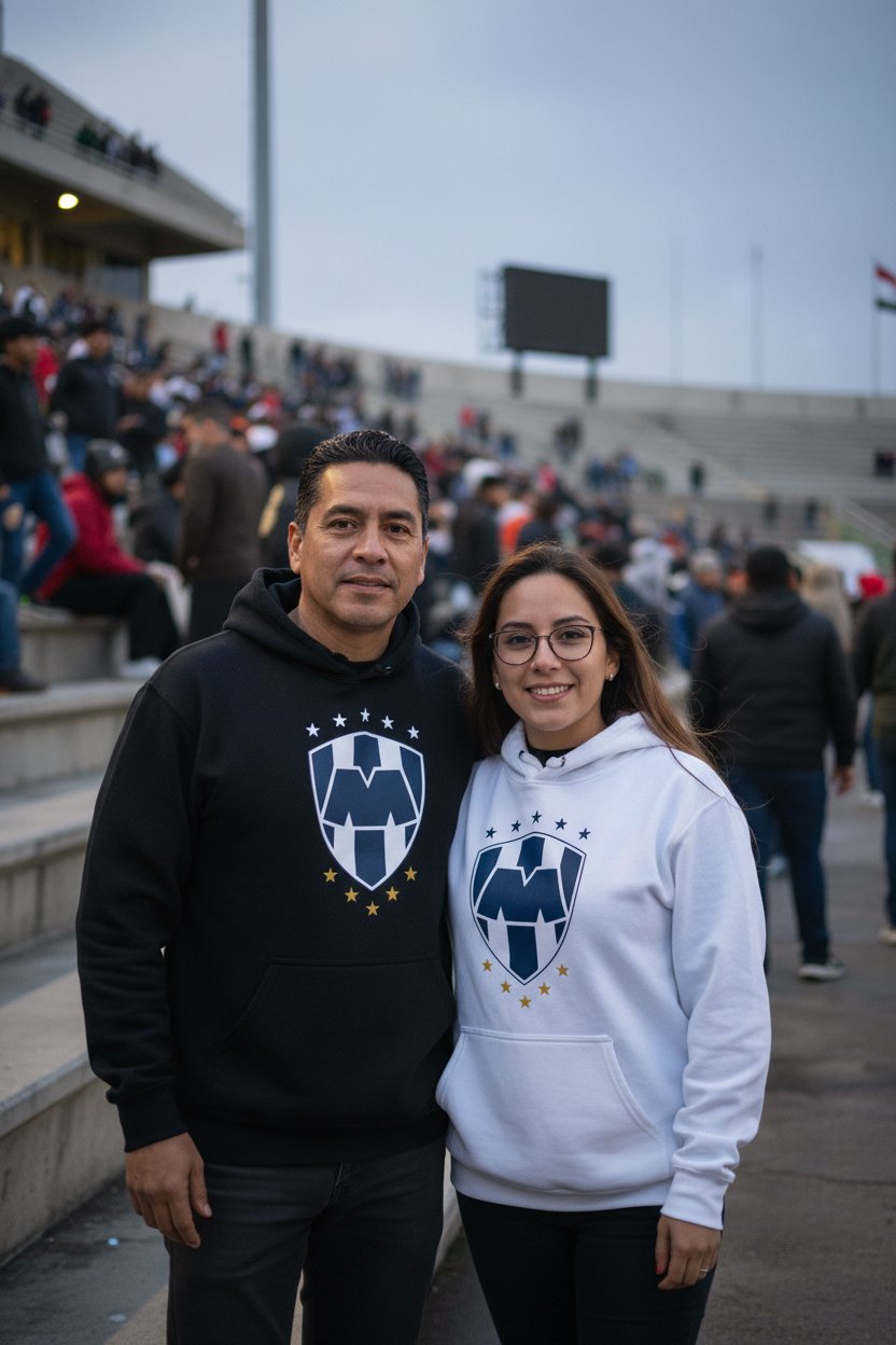 A man and a woman standing together in a stadium, both wearing hoodies with the same blue and white shield logo. The man wears a black hoodie, and the woman wears a white hoodie.
