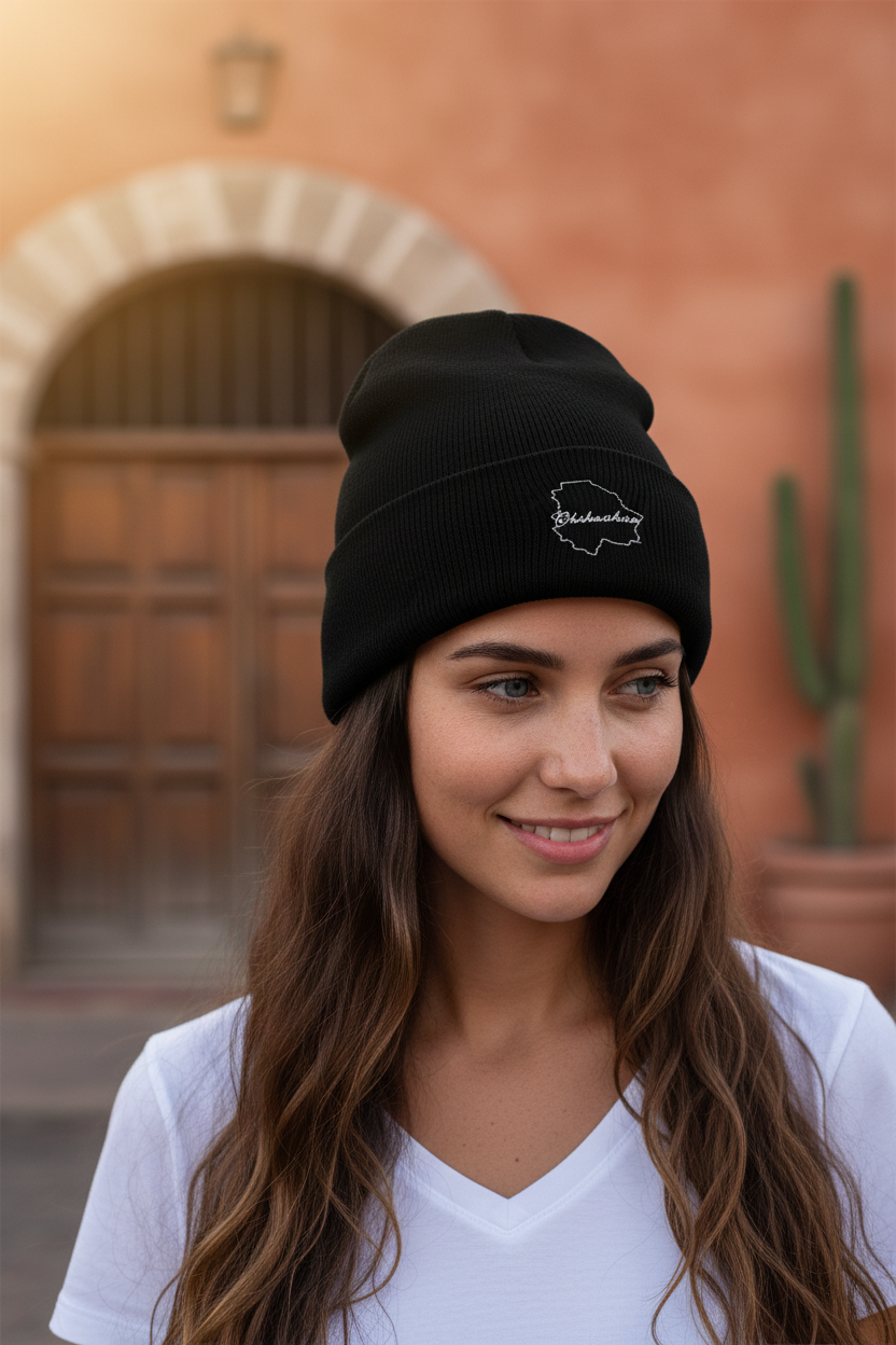 A woman wearing a black beanie hat with an embroidered design of a Chihuahua.