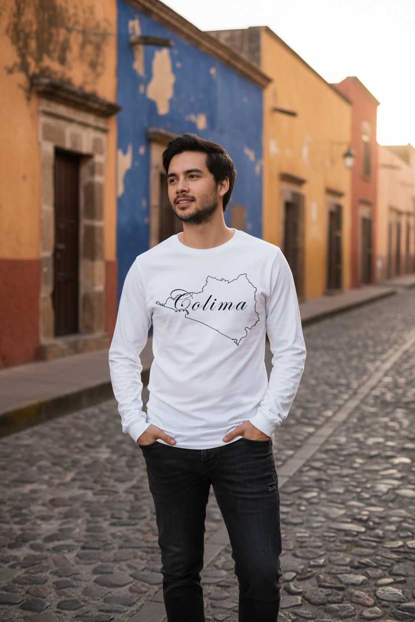 A person wearing a white long-sleeved crew neck t-shirt with the text 'Colima' on it, in an Athletic Heather color.