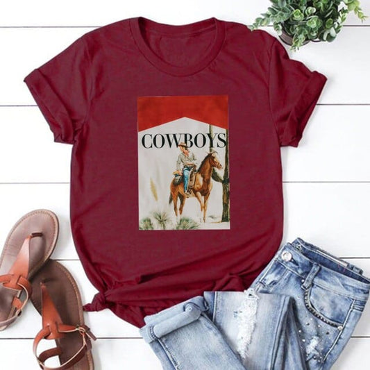 Cowboy Western Rodeo Horse T-Shirt – Women's Summer Short Sleeve Graphic Tee Casual Top