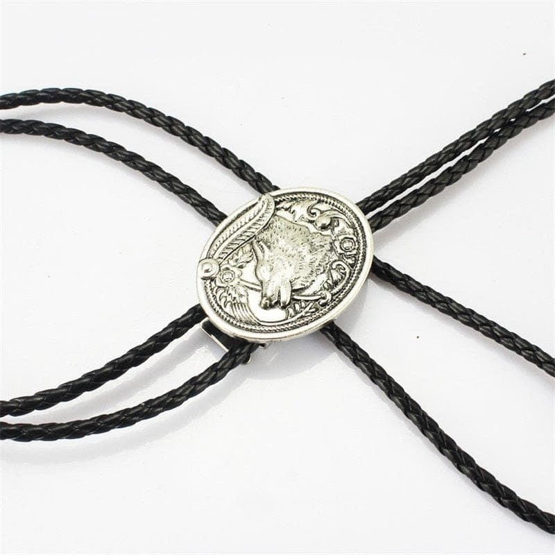 Cowboy wolf head bolo tie, Silver, One Size