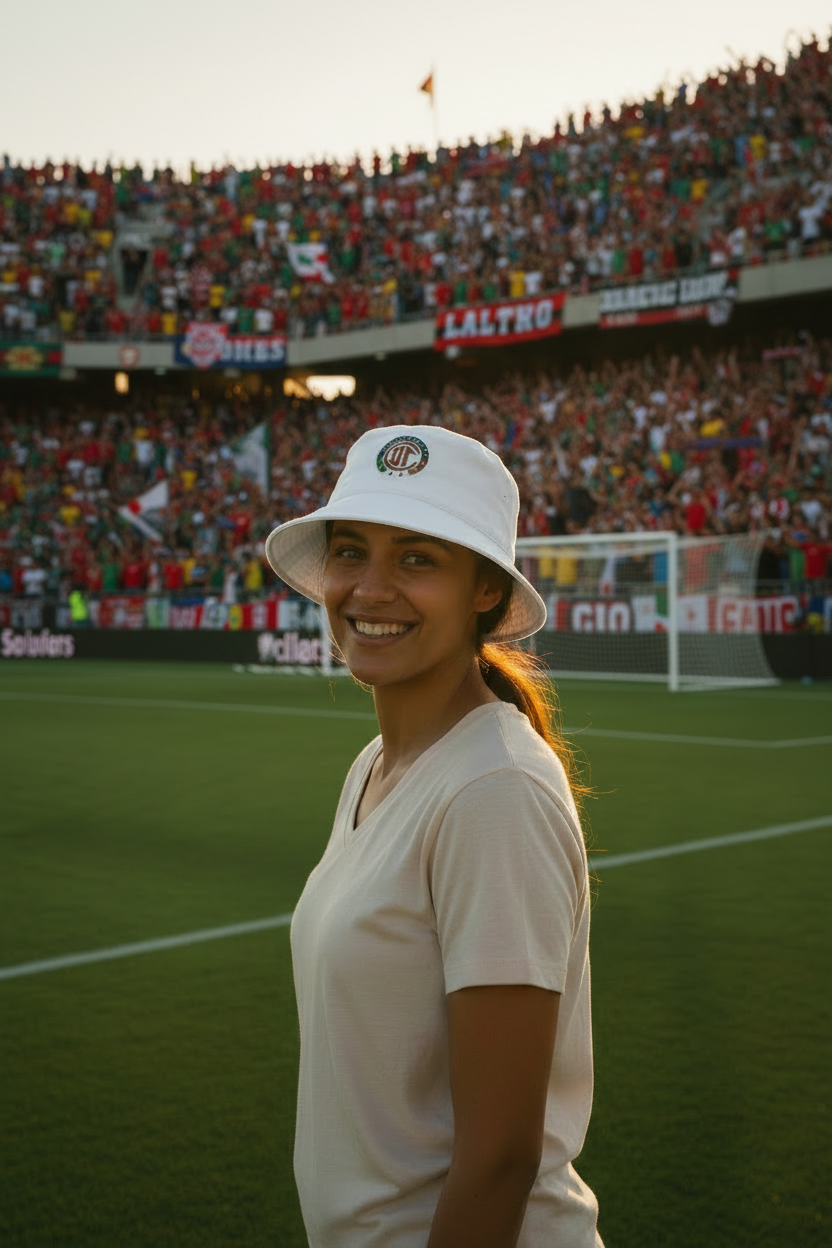 A woman smiling on a soccer field at sunset, wearing a white bucket hat with a Deportivo Toluca FC logo and a white t-shirt, with a packed stadium in the background.