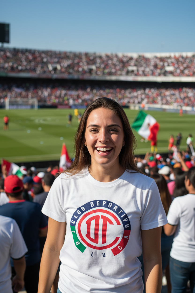 A smiling woman stands in a crowded stadium wearing a white T-shirt with a large Club Deportivo Toluca logo in red, green, and white.