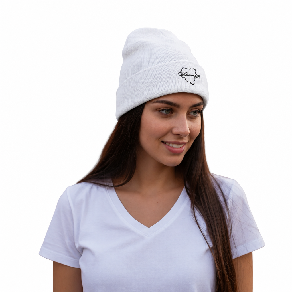 White embroidered beanie hat with small logo patch, knit cuff, one size