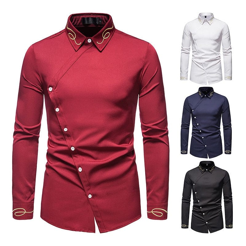 Men's Embroidered Western Cowboy Shirt – Fashion Oblique Button Irregular Design, Long Sleeve Cotton Casual Streetwear