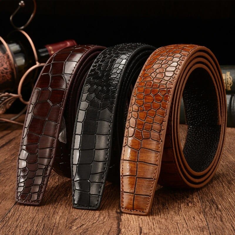 Premium Crocodile Pattern Leather Belt, 110cm-130cm, Black