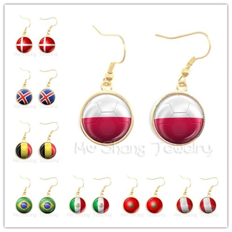 Flag Glass Cabochon Earrings, Brazil, One Size