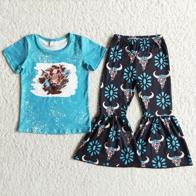 Camiseta con estampado de letras y sombrero de toro occidental con estampado de vaquero y campana de vaca para niños pequeños y niñas